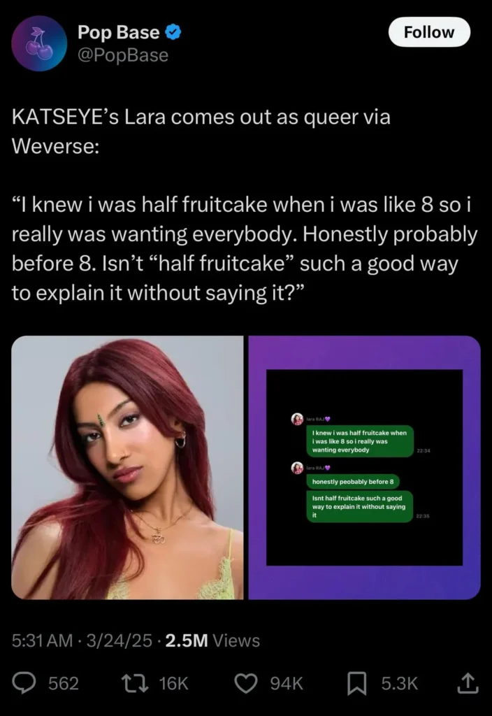 Lara Raj Comes out as Queer, Post on Weverse