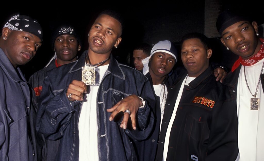 At the MGM Grand Hotel and Casino in Las Vegas, Nevada, on December 8, 1999, rappers Birdman, Turk, Juvenile, Lil Wayne, producer Mannie Fresh, and B.G. of the Hot Boys attend the 10th Annual Billboard Music Awards.